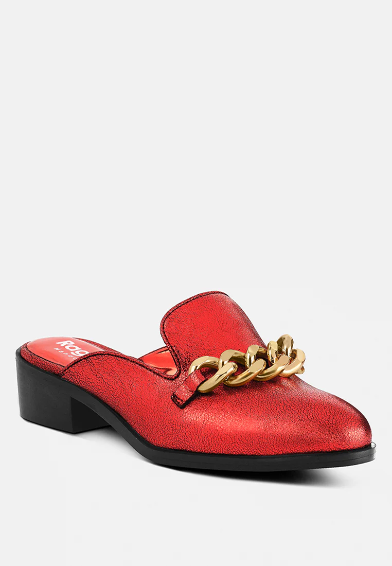 AKSA Chain Embellished Metallic Red Leather Mules - Image 2