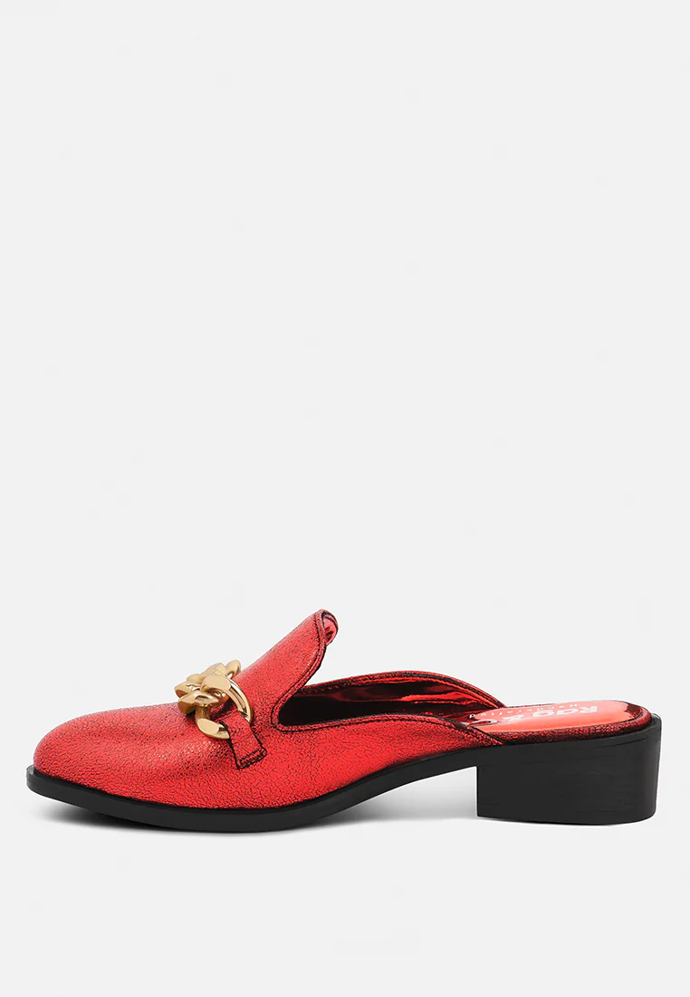 AKSA Chain Embellished Metallic Red Leather Mules - Image 3