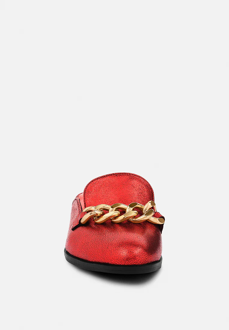 AKSA Chain Embellished Metallic Red Leather Mules - Image 4