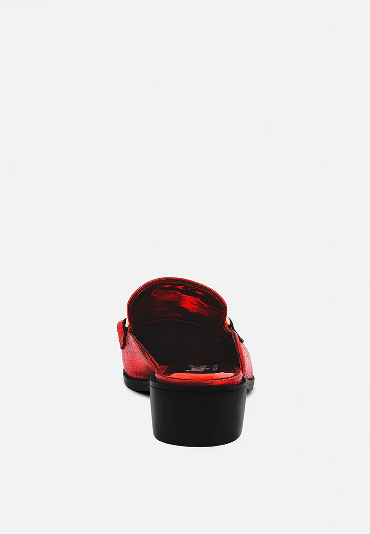 AKSA Chain Embellished Metallic Red Leather Mules - Image 5