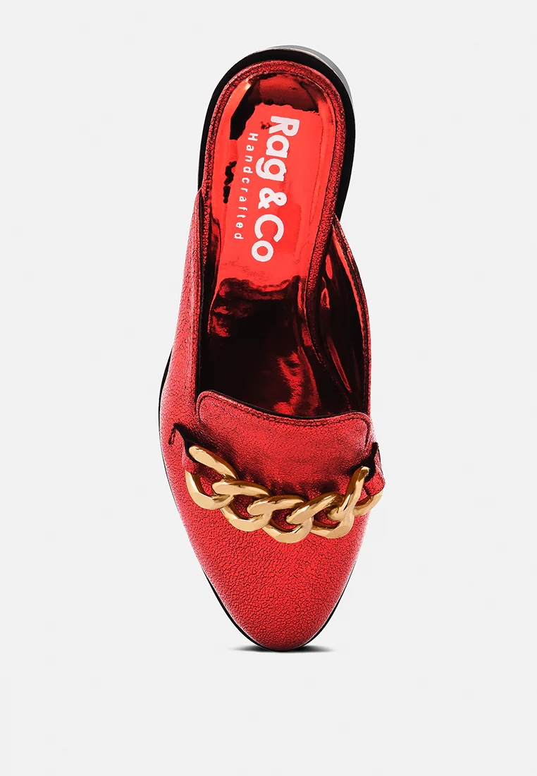AKSA Chain Embellished Metallic Red Leather Mules - Image 6