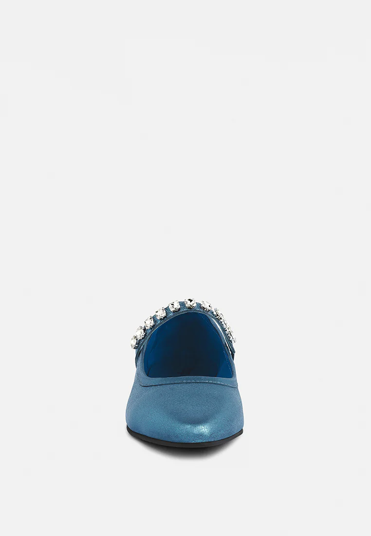 ALVERNO Metallic Diamante Mary Jane Leather Flats In Blue - Image 3