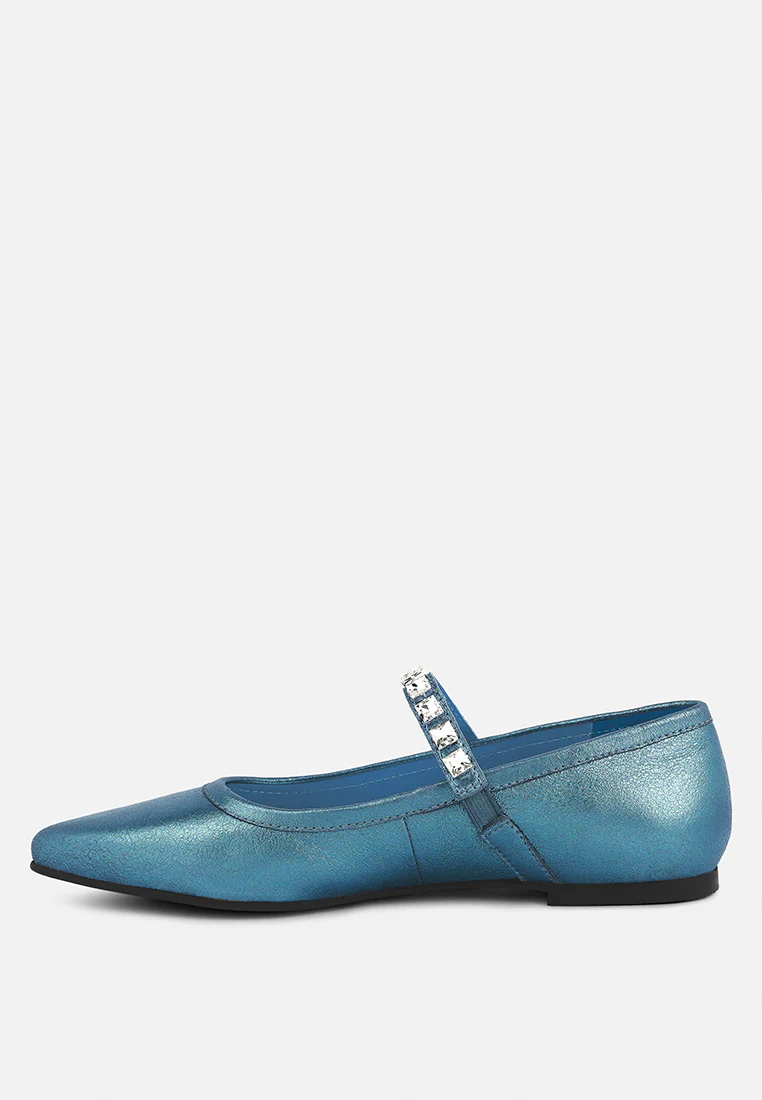 ALVERNO Metallic Diamante Mary Jane Leather Flats In Blue - Image 4
