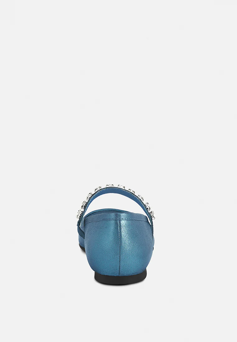 ALVERNO Metallic Diamante Mary Jane Leather Flats In Blue - Image 5