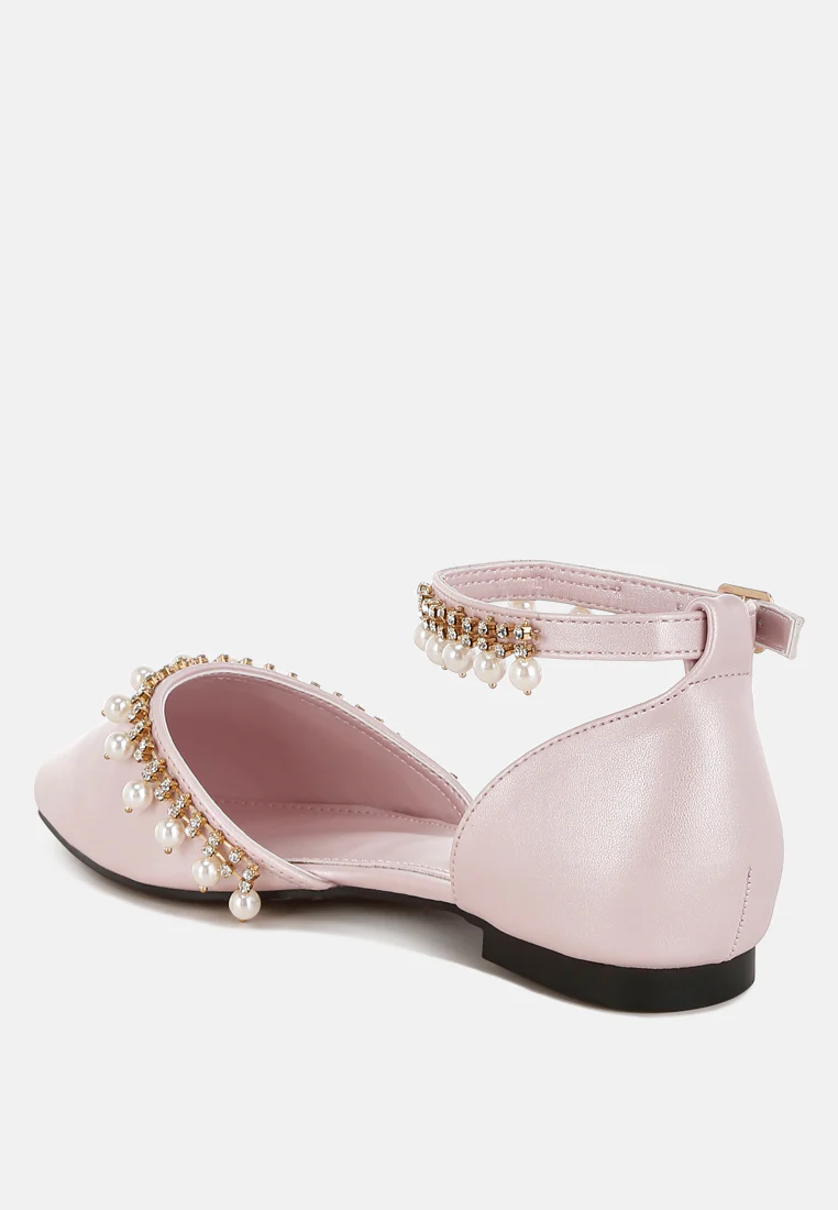 Aouva Rhinestone & Pearl Ankle Strap Flat Sandals - Image 10