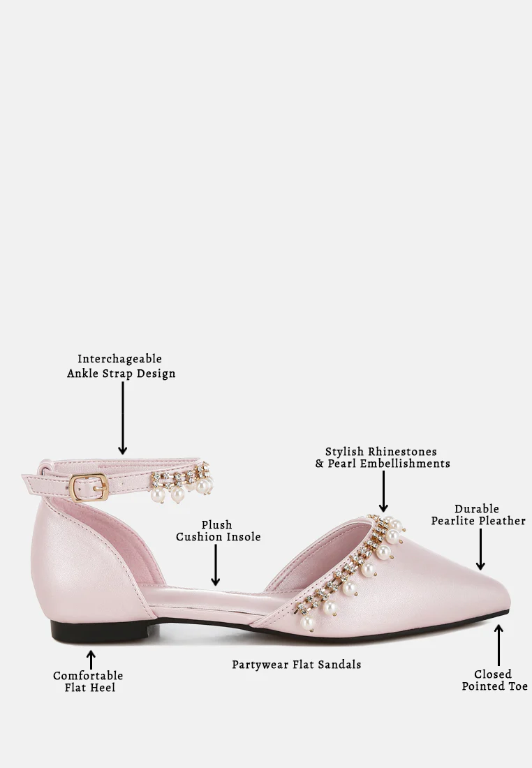 Aouva Rhinestone & Pearl Ankle Strap Flat Sandals - Image 13