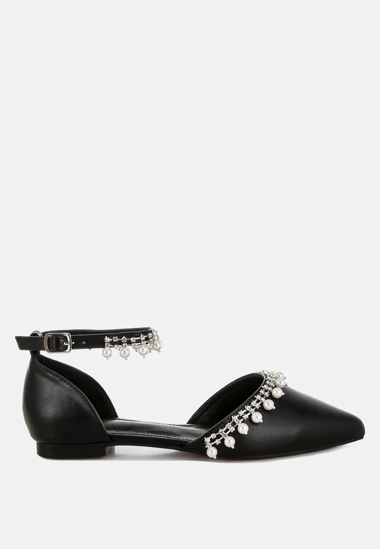 Aouva Rhinestone & Pearl Ankle Strap Flat Sandals - Image 14