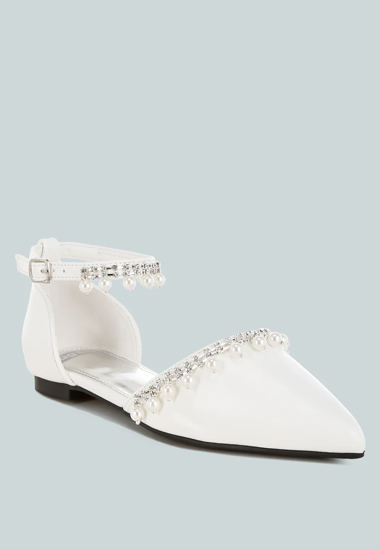Aouva Rhinestone & Pearl Ankle Strap Flat Sandals - Image 2
