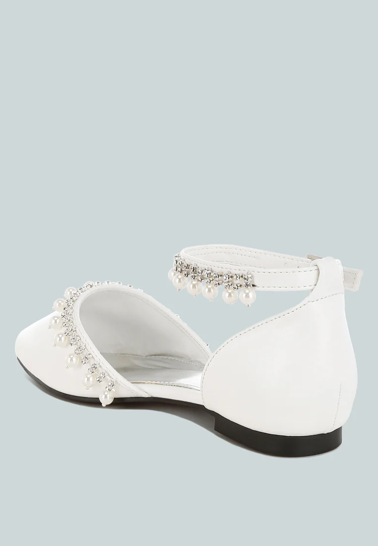 Aouva Rhinestone & Pearl Ankle Strap Flat Sandals - Image 3