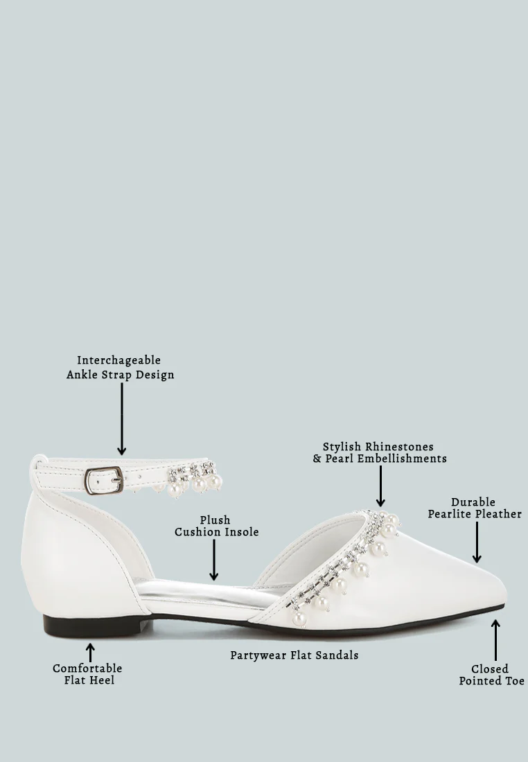 Aouva Rhinestone & Pearl Ankle Strap Flat Sandals - Image 6
