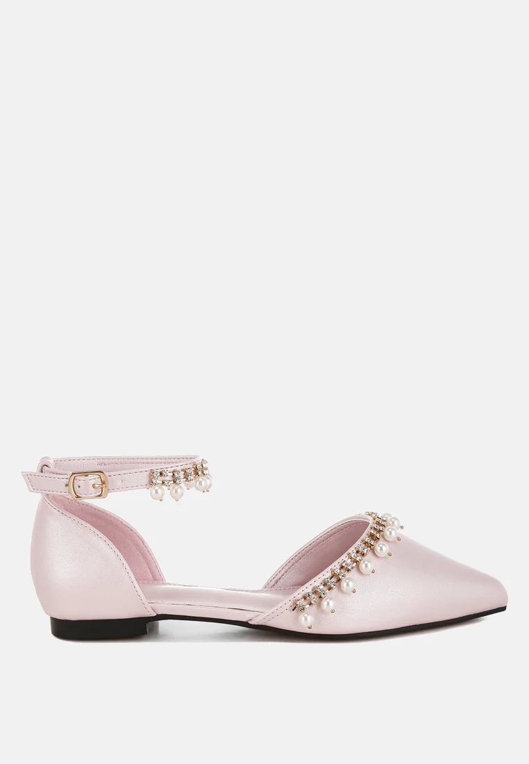 Aouva Rhinestone & Pearl Ankle Strap Flat Sandals - Image 7