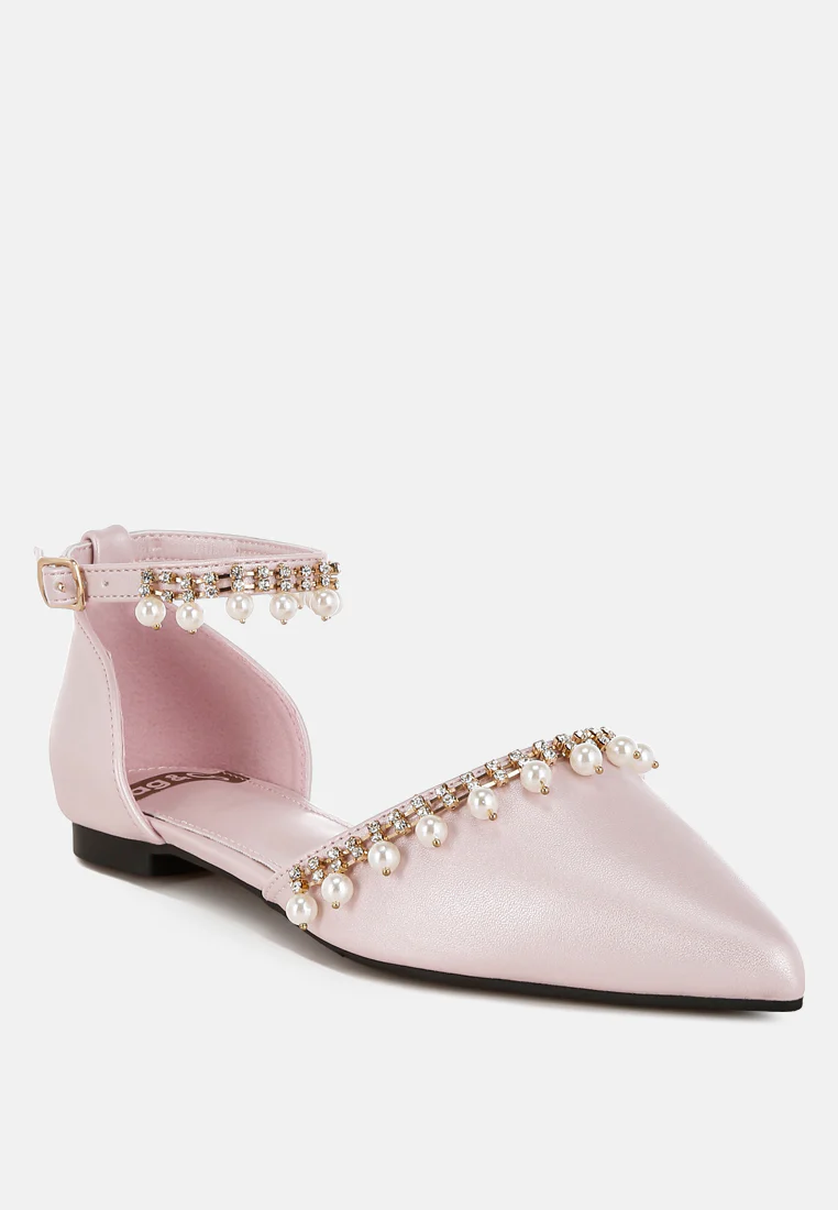 Aouva Rhinestone & Pearl Ankle Strap Flat Sandals - Image 9