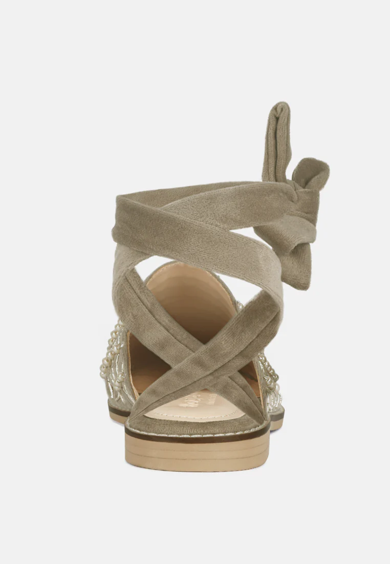 Asante Crisscross Beaded Veil Velvet Mules in Taupe - Image 5