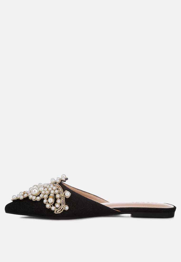 ASTRE Pearl Embellished Shimmer Mules In Black - Image 4