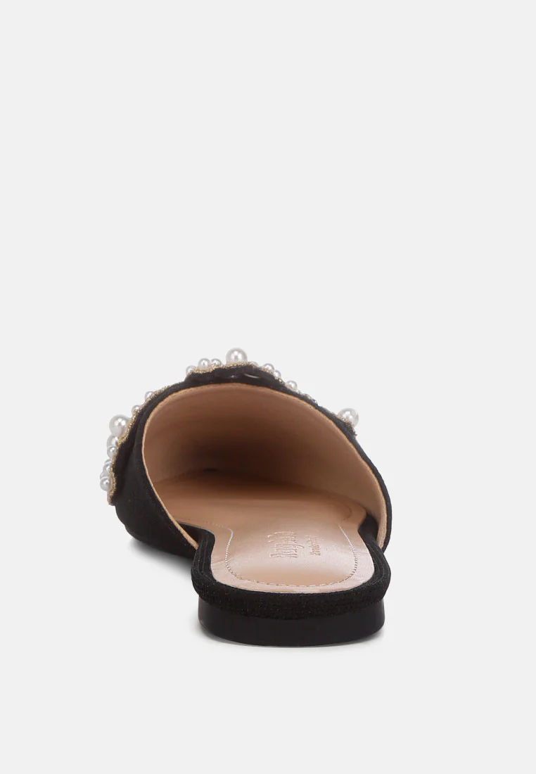 ASTRE Pearl Embellished Shimmer Mules In Black - Image 5
