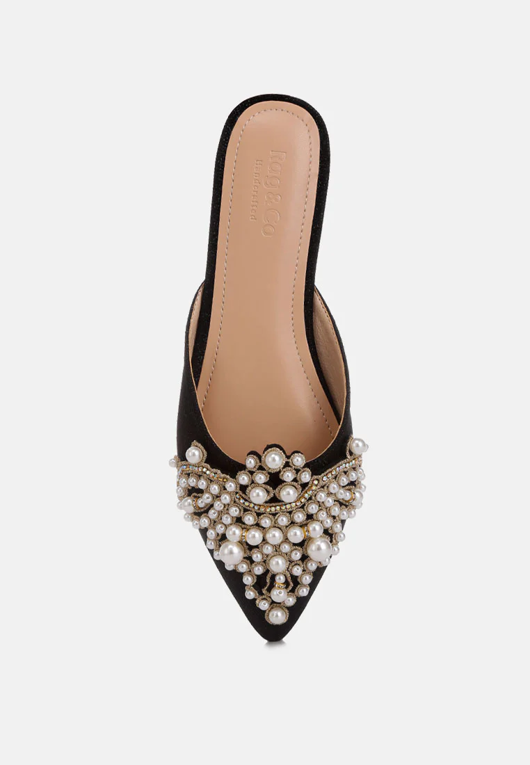 ASTRE Pearl Embellished Shimmer Mules In Black - Image 6