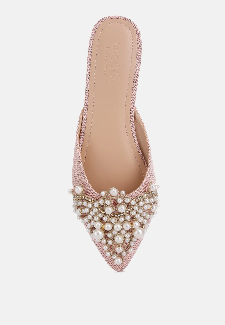 ASTRE Pearl Embellished Shimmer Mules In Blush - Image 6