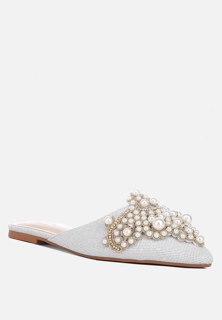 ASTRE Pearl Embellished Shimmer Mules In Silver - Image 3