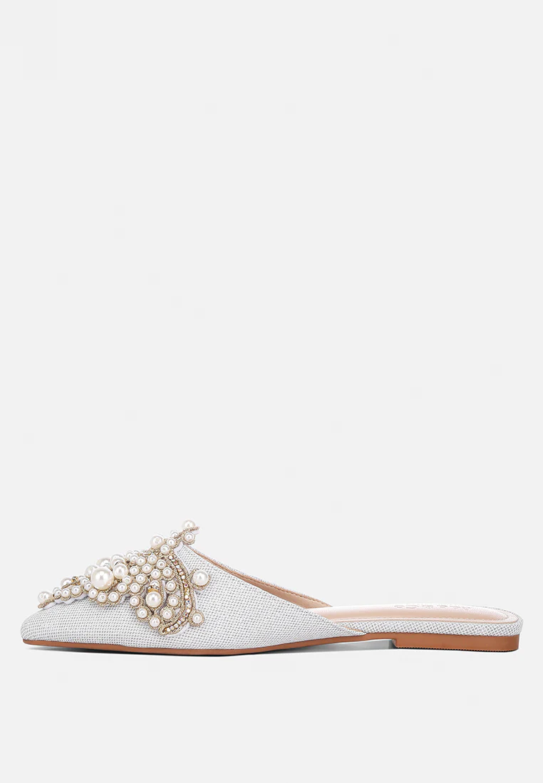 ASTRE Pearl Embellished Shimmer Mules In Silver - Image 4