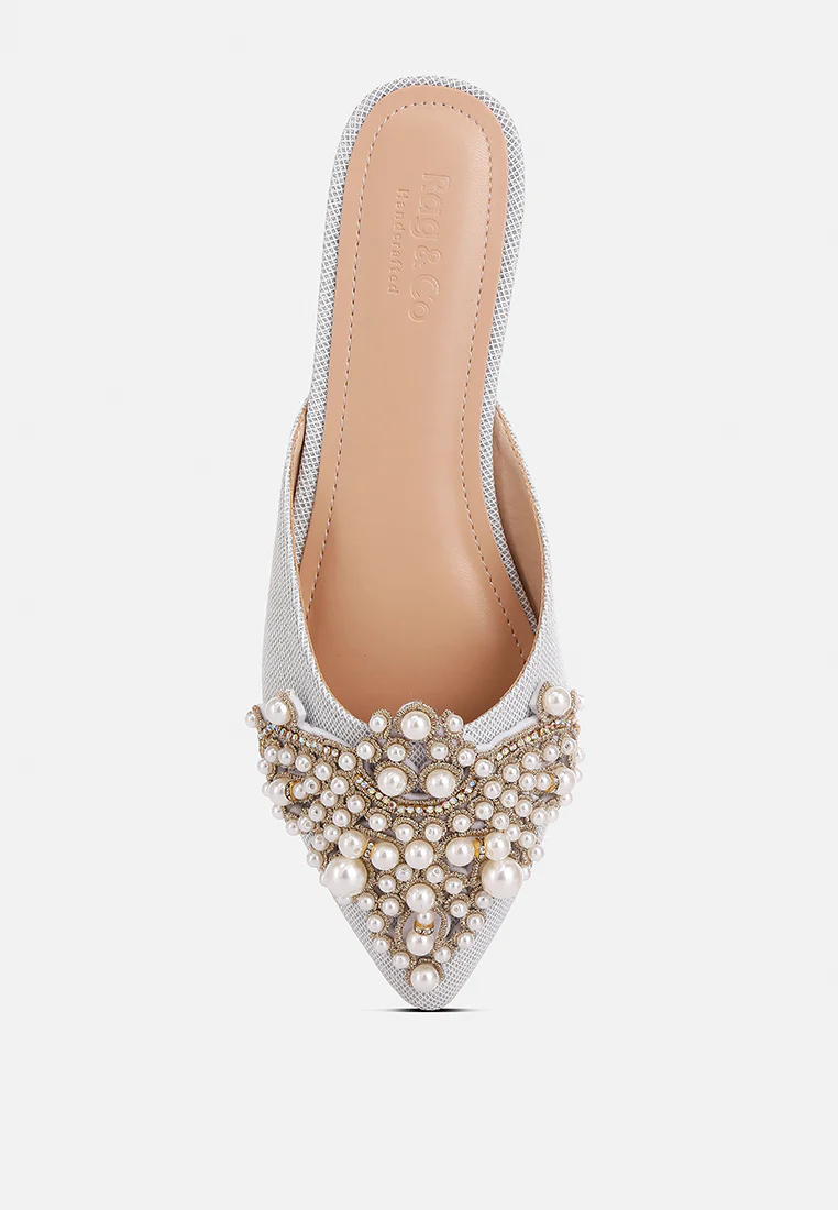 ASTRE Pearl Embellished Shimmer Mules In Silver - Image 7