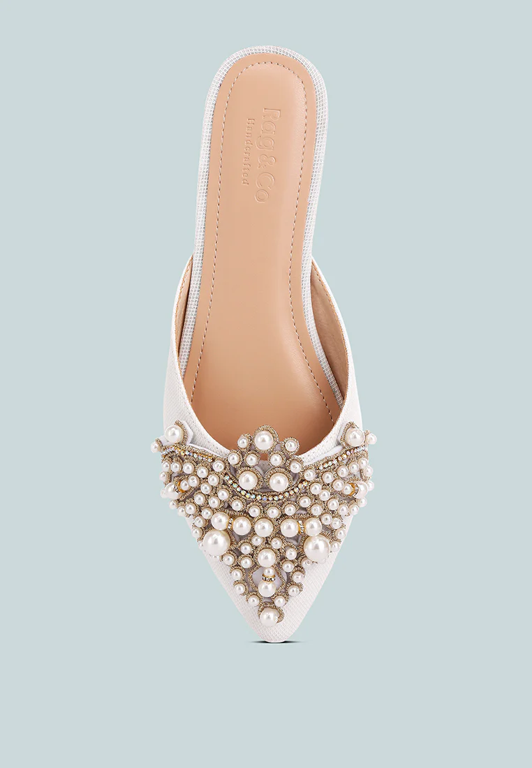 ASTRE Pearl Embellished Shimmer Mules In White - Image 6
