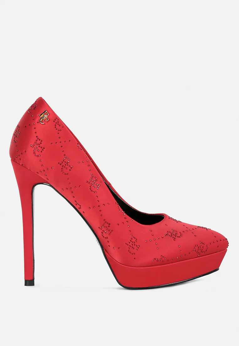 BALLARD Red Monogram Satin Stiletto Pumps - Image 3