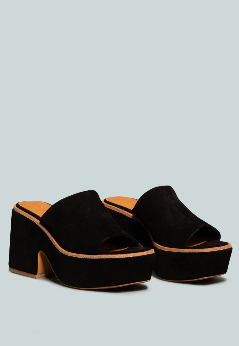 BARDOT Black Fine Suede Handcrafted Platform Slides - Image 2