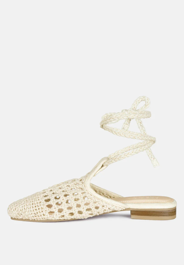 BARTSI Off White Handwoven Tie Up Flat Mules - Image 4