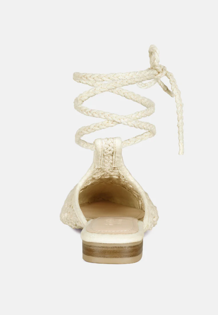 BARTSI Off White Handwoven Tie Up Flat Mules - Image 5