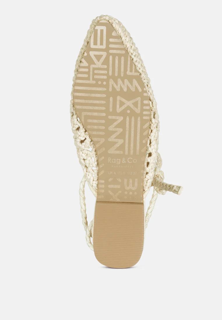 BARTSI Off White Handwoven Tie Up Flat Mules - Image 6