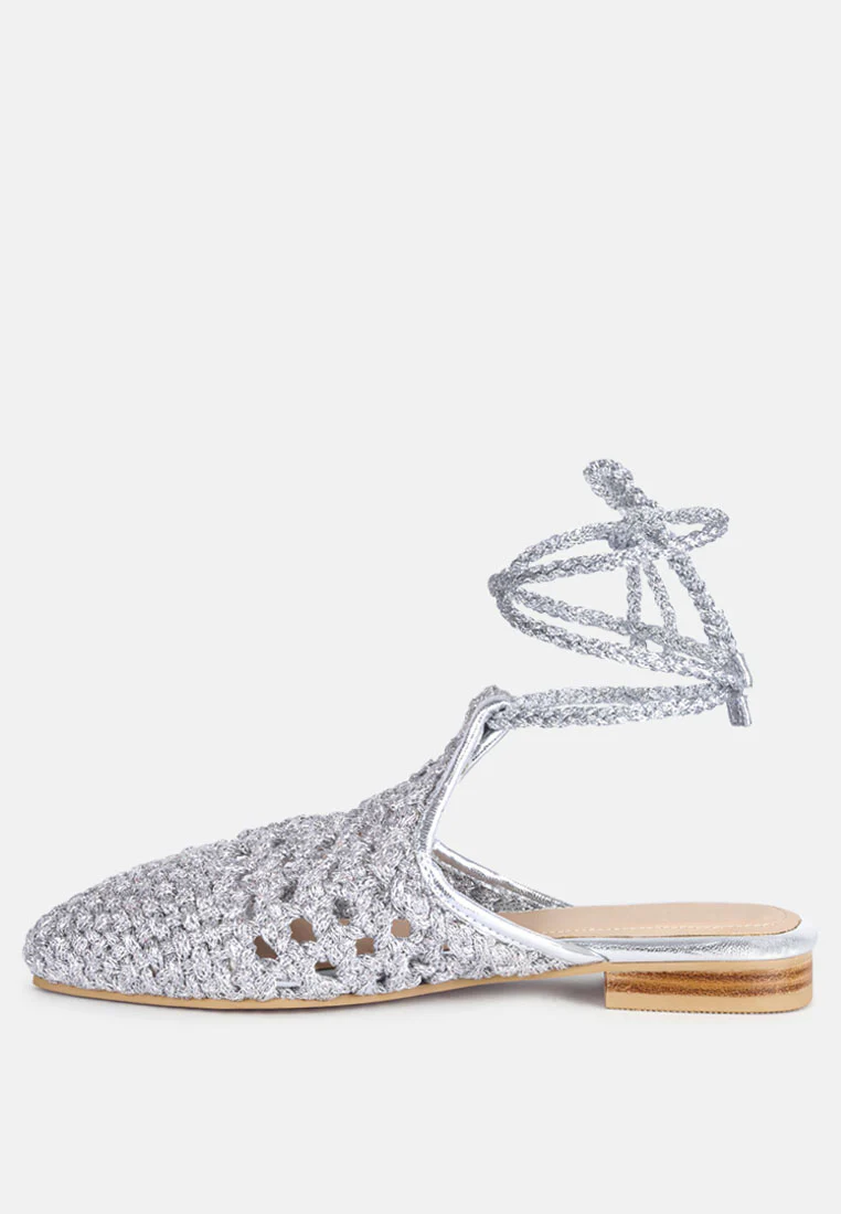 BARTSI Silver Handwoven Tie Up Flat Mules - Image 4