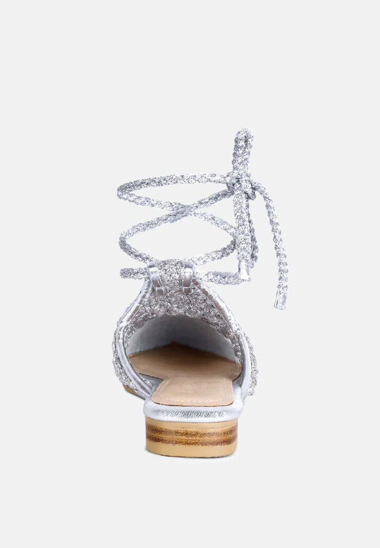 BARTSI Silver Handwoven Tie Up Flat Mules - Image 5