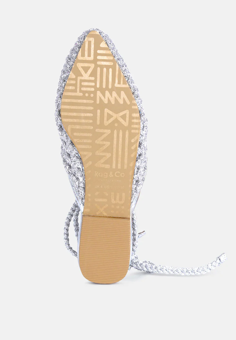 BARTSI Silver Handwoven Tie Up Flat Mules - Image 6