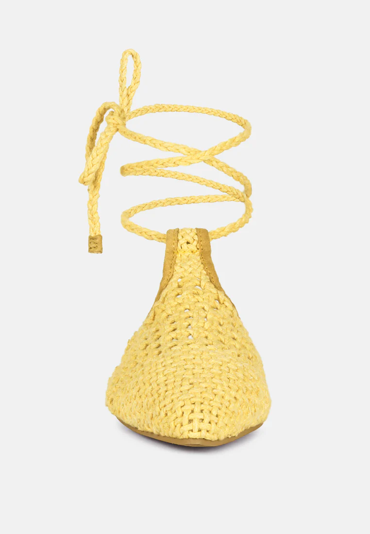 BARTSI Yellow Handwoven Tie Up Flat Mules - Image 3