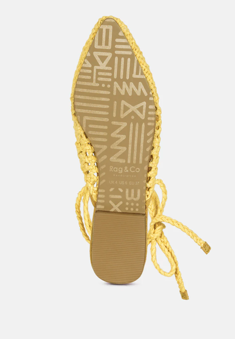 BARTSI Yellow Handwoven Tie Up Flat Mules - Image 6
