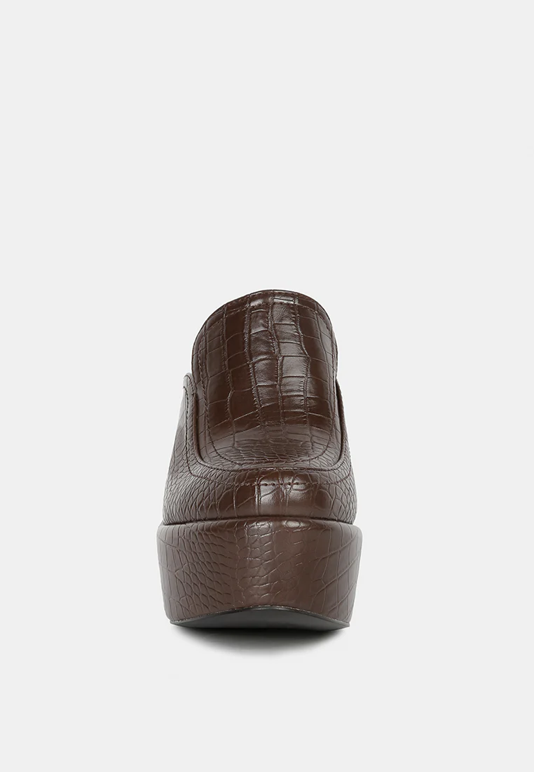 BAUHAUS Brown Croc Pattern Heeled Platform Mules - Image 3