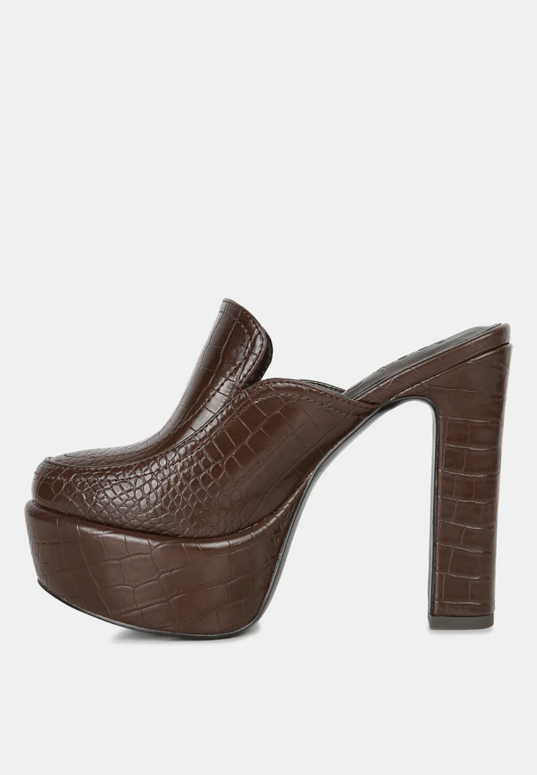 BAUHAUS Brown Croc Pattern Heeled Platform Mules - Image 4