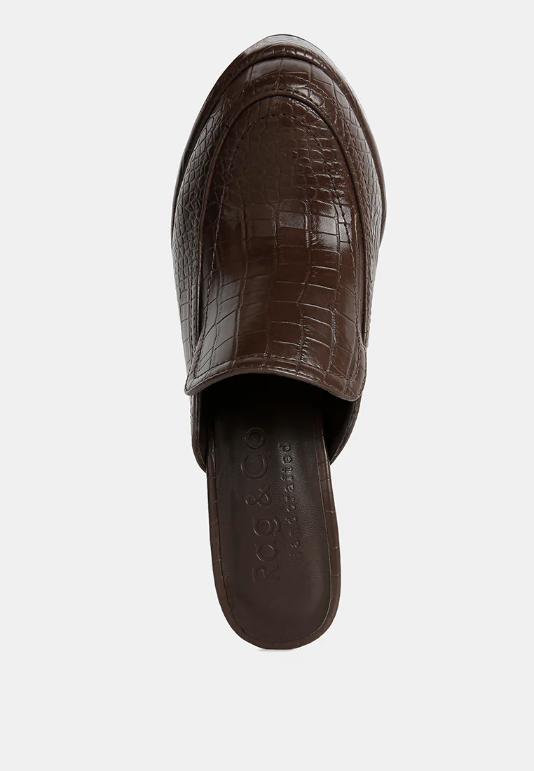 BAUHAUS Brown Croc Pattern Heeled Platform Mules - Image 6