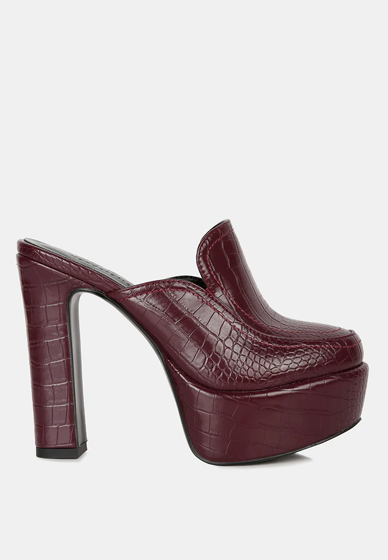 BAUHAUS Burgundy Croc Pattern Heeled Platform Mules - Image 2