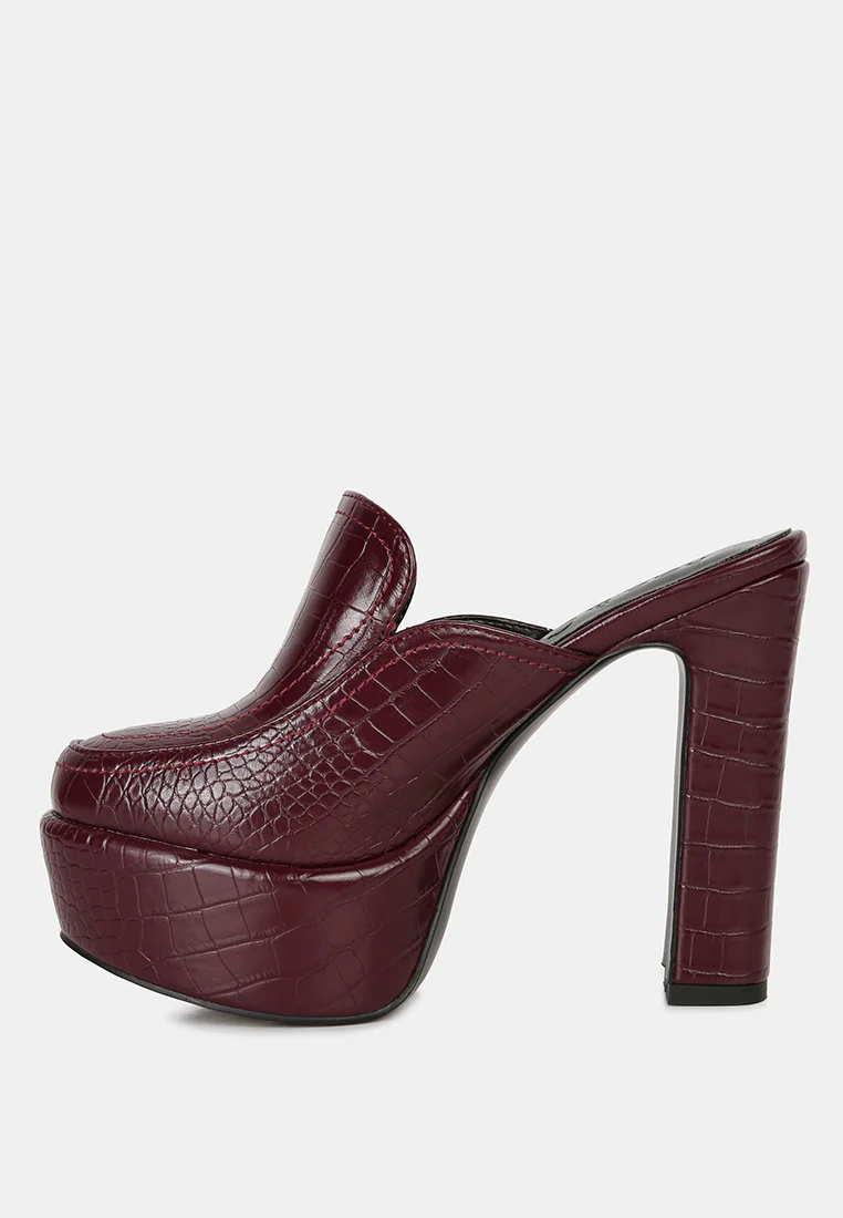 BAUHAUS Burgundy Croc Pattern Heeled Platform Mules - Image 4