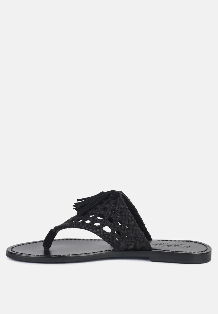 BEECH Handwoven Natural Black Suede Tassel Thong Flats - Image 3