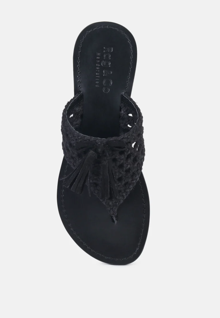 BEECH Handwoven Natural Black Suede Tassel Thong Flats - Image 7