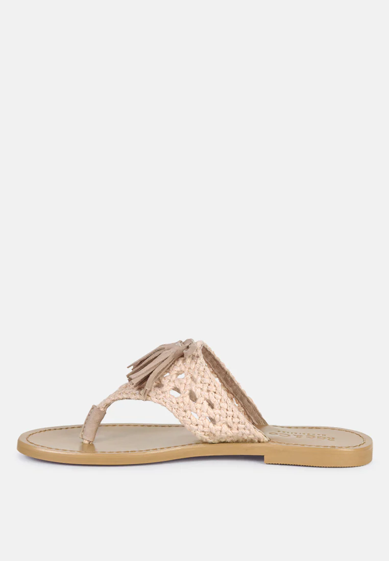 BEECH Handwoven Natural Latte Suede Tassel Thong Flats - Image 3