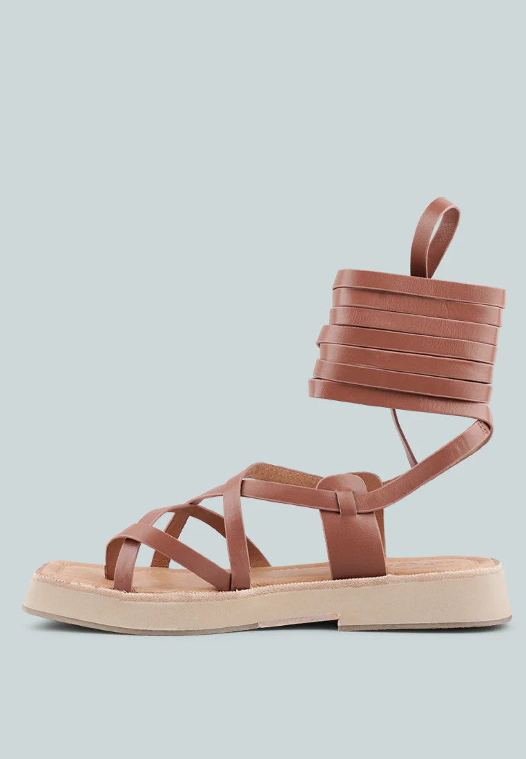 BLEDEL Tan Lace Up Square Toe Gladiator Sandals - Image 4