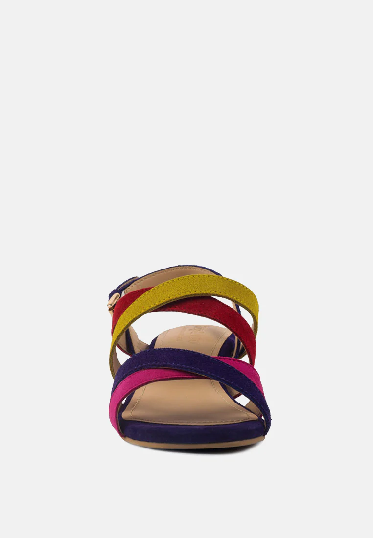 ASTRID Blue Mid Heeled Block Leather Sandal - Image 3