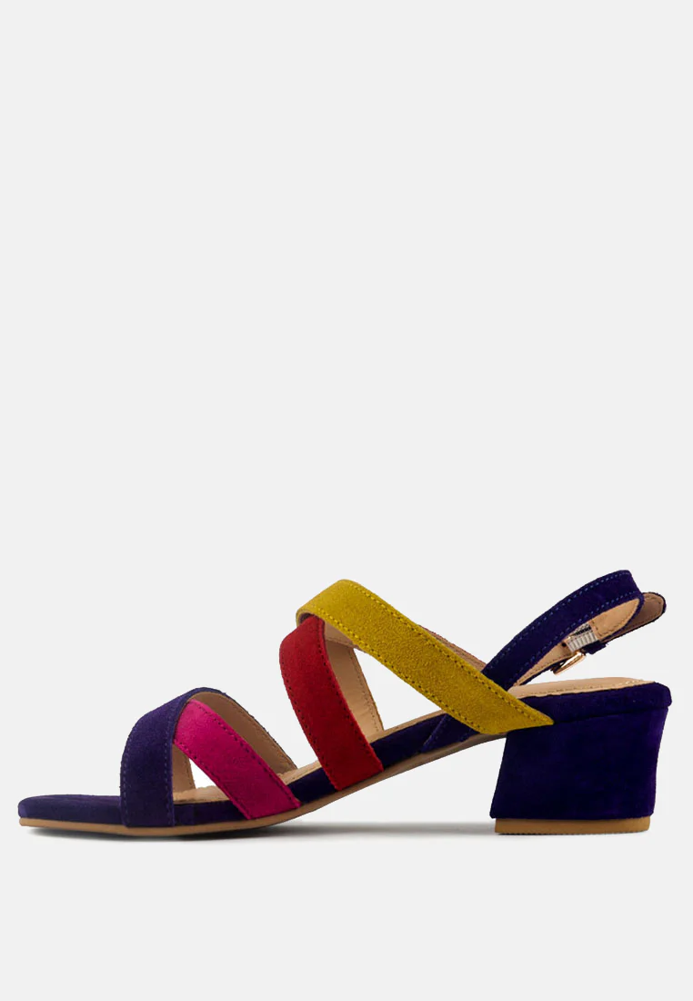 ASTRID Blue Mid Heeled Block Leather Sandal - Image 4