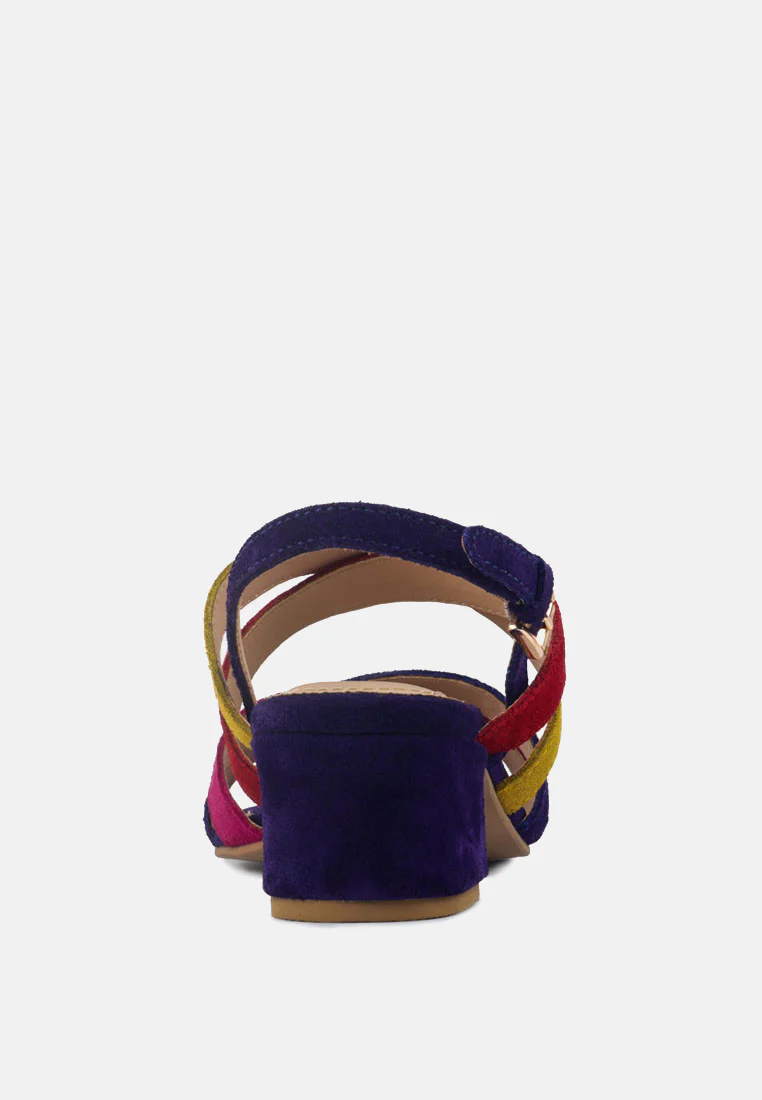 ASTRID Blue Mid Heeled Block Leather Sandal - Image 5