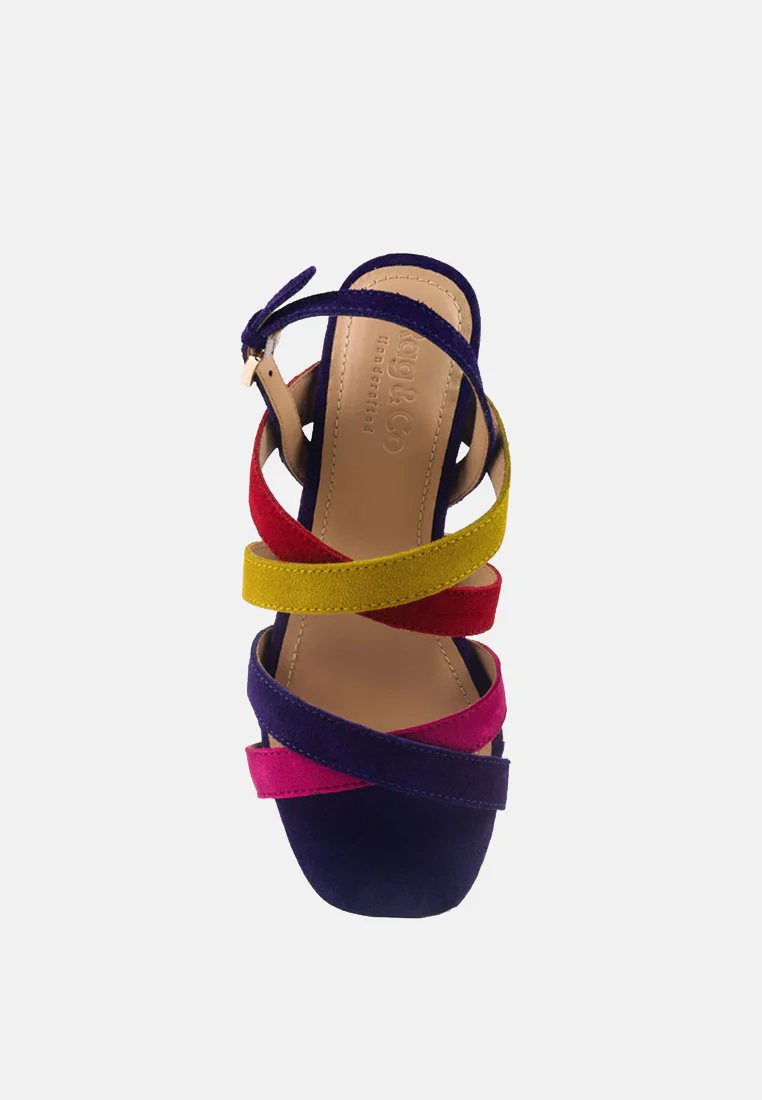 ASTRID Blue Mid Heeled Block Leather Sandal - Image 6