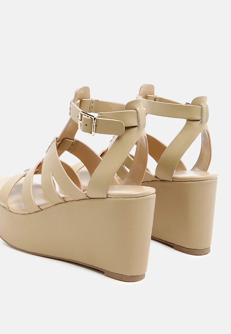 WINDRUSH Cage Wedge Leather Sandal in Nude - Image 3