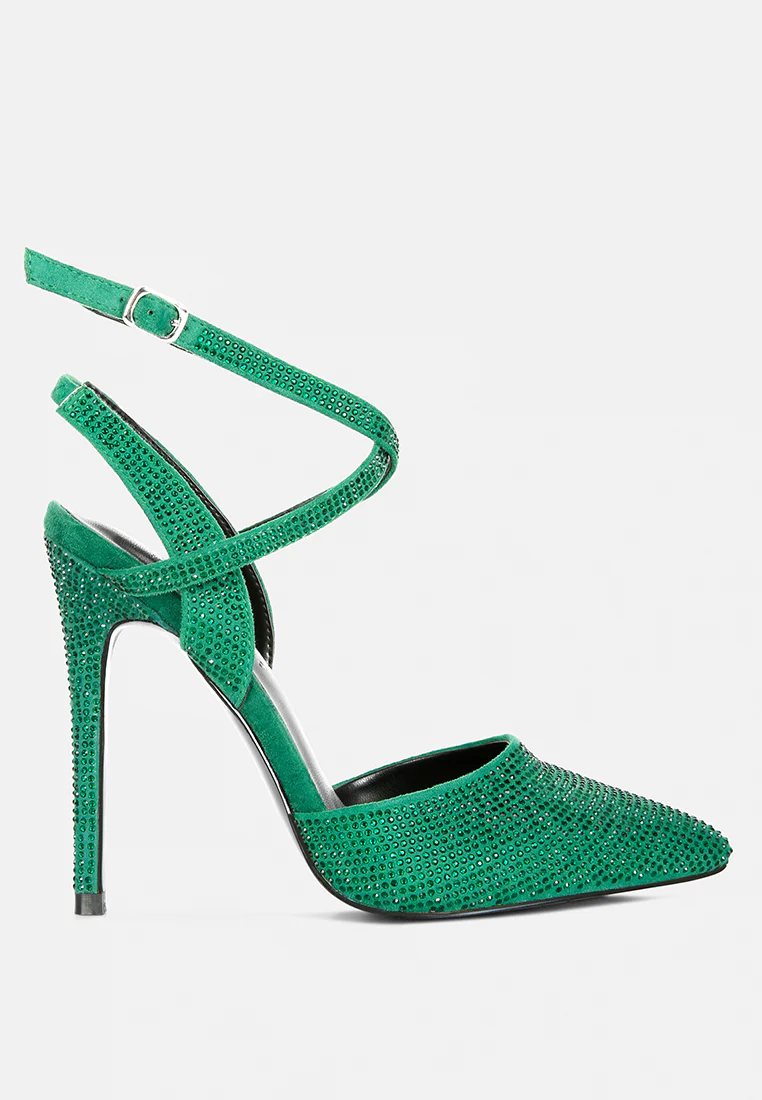 CHARMER Rhinestone Embellished Stiletto Sandals in Green - Image 2